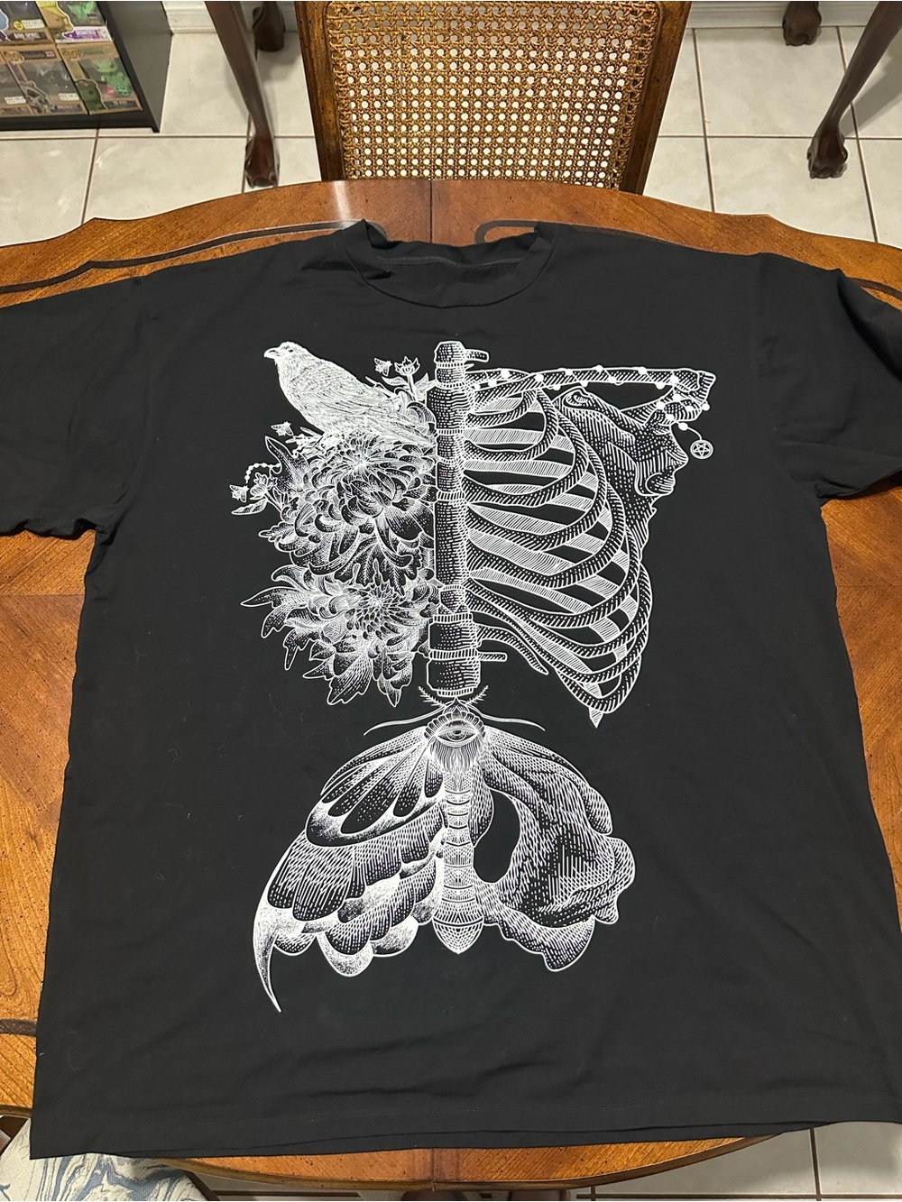 Blackmilk Black Tshirt Dress with White Ribcage, Floral & Bird Graphic
